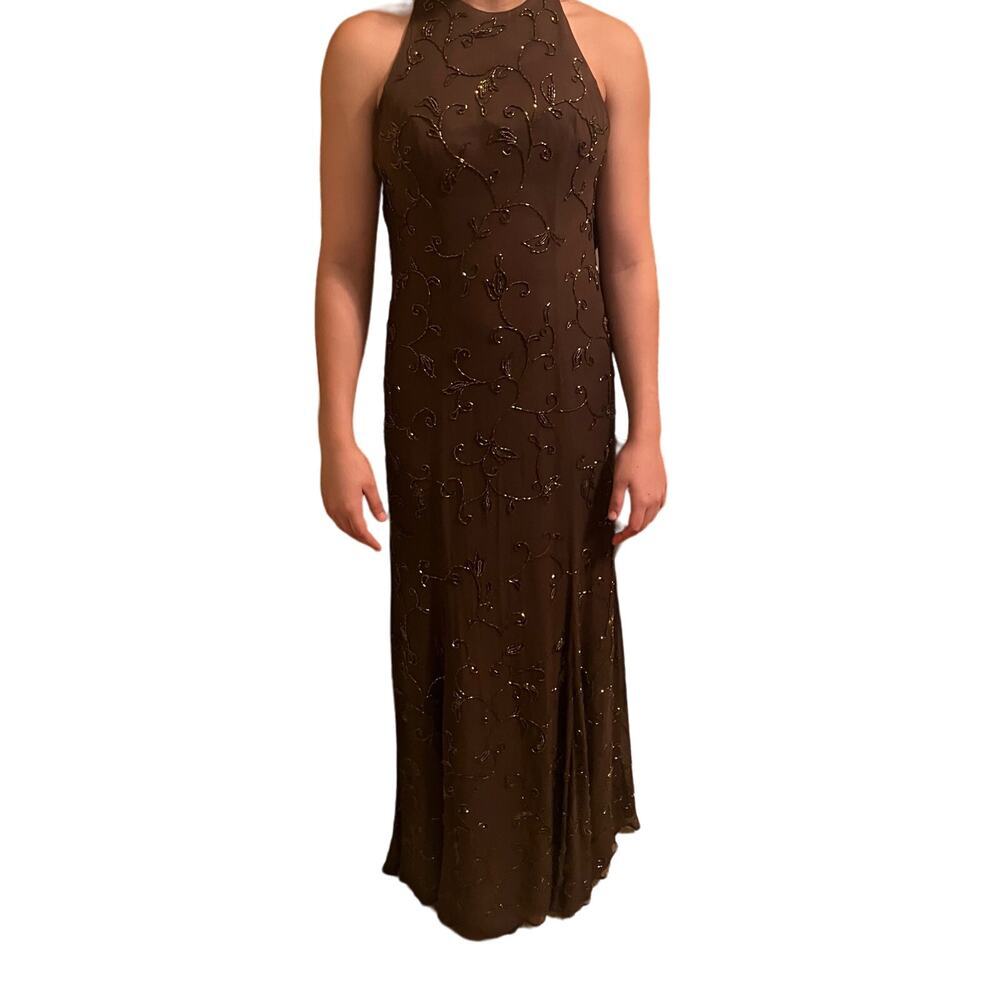Vintage Creative Creations Dress 4 Brown Silk Crossback Long Sleeveless Formal